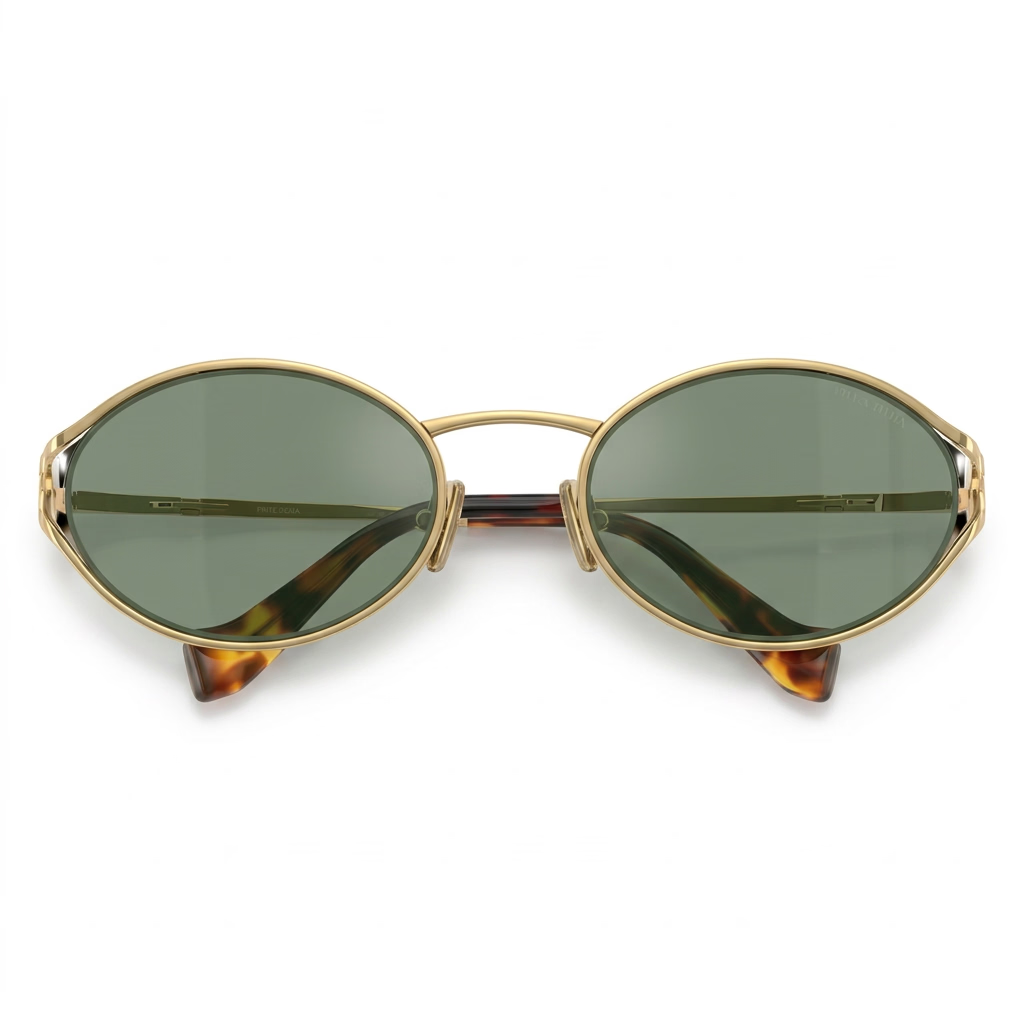 Miu Miu Women Logo Gold Oval Green Mirror Internal Silver Sunglasses