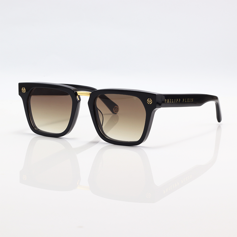 Philipp Plein Men Gold Bridge Hexagon Black Acetate Square Sunglasses