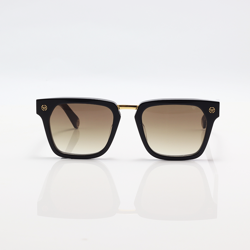 Philipp Plein Men Gold Bridge Hexagon Black Acetate Square Sunglasses