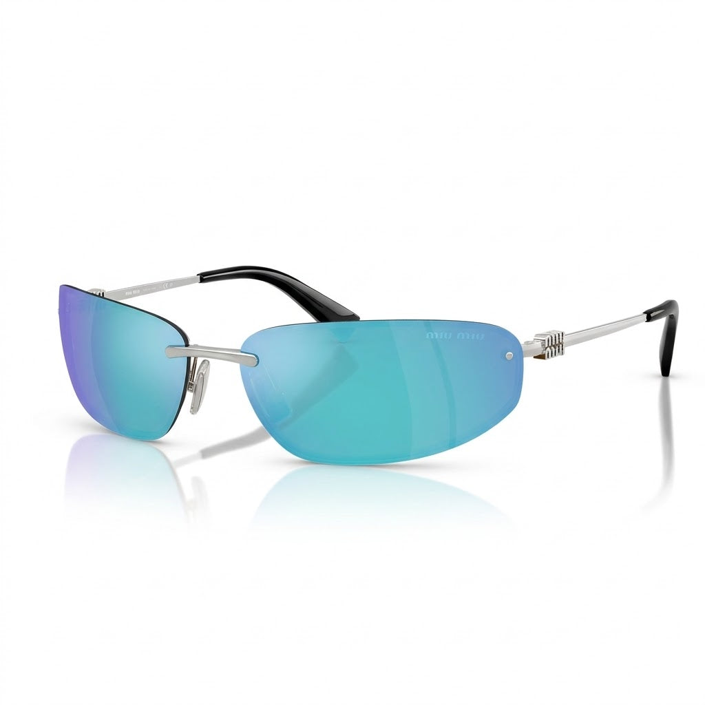 Miu Miu Women MU A50S Rimless  Silver / Mirror Cyan Blue Sunglasses