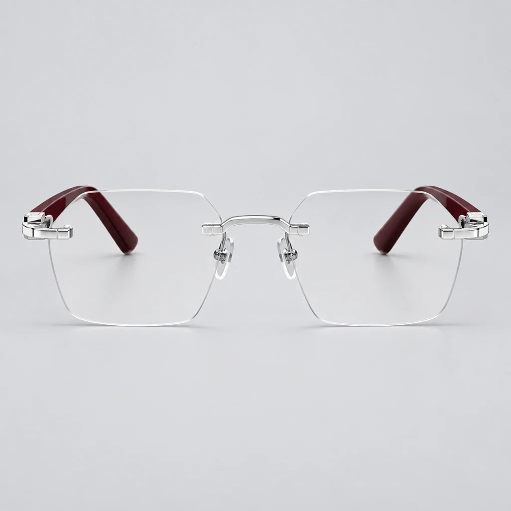 Cartier Signature C de Rimless Rectangular Burgundy Wood Temples and Clear Eyeglasses