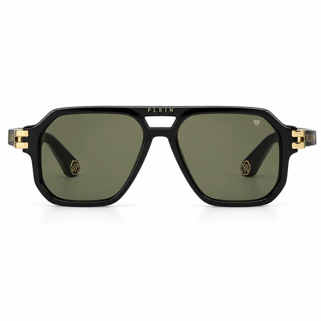 Philipp Plein VPP148M Unisex Black Navigator Dark Green Sunglasses