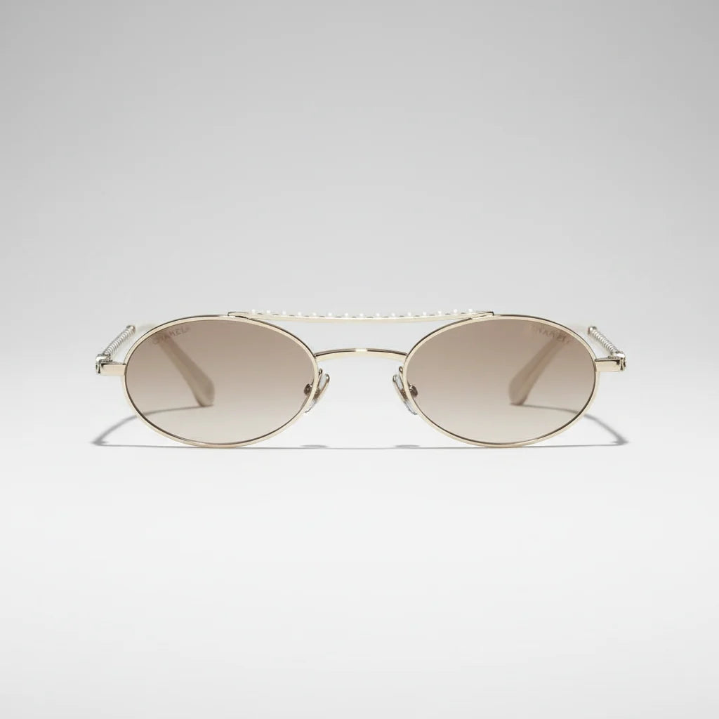 Chanel Women Oval Metal & Imitation Pearl Gold & Brown Gradient Sunglasses