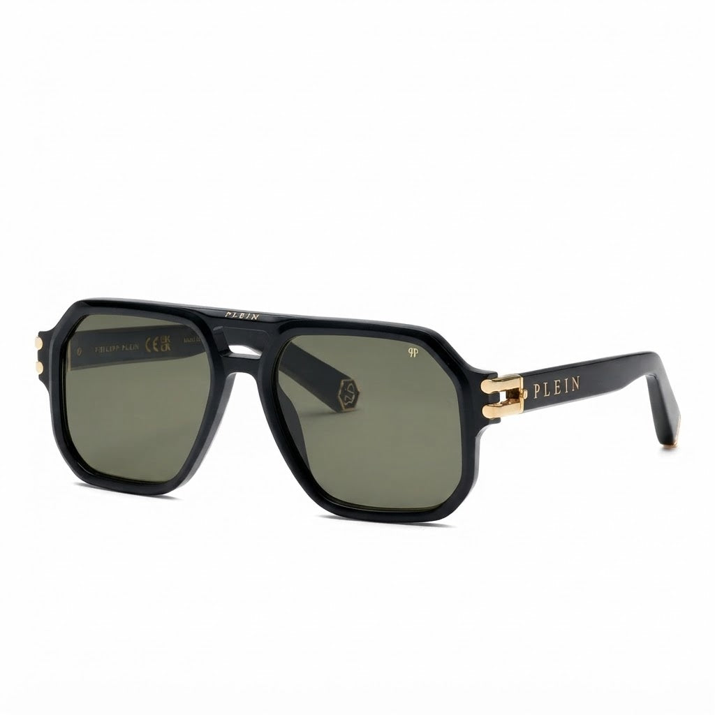 Philipp Plein VPP148M Unisex Black Navigator Dark Green Sunglasses