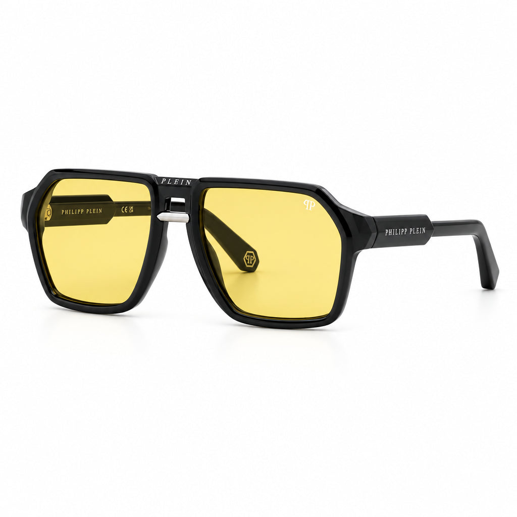 Philipp Plein Unisex Contemporary Flat-Top Aviator Black & Yellow Sunglasses