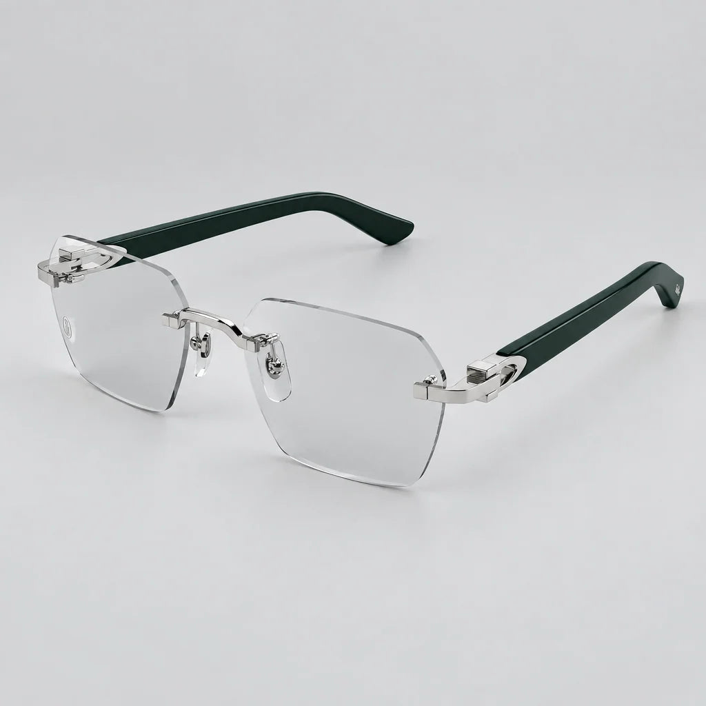 Cartier C Décor Men Rimless Dark Green Wood Temples Transparent Glasses