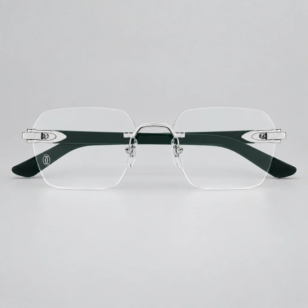 Cartier C Décor Men Rimless Dark Green Wood Temples Transparent Glasses
