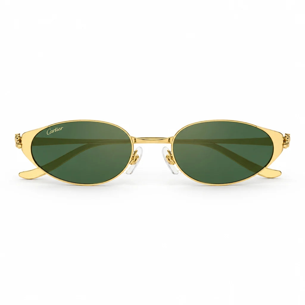 Cartier Panthère de C Women Oval Gold & Green Mirrored Lenses Sunglasses