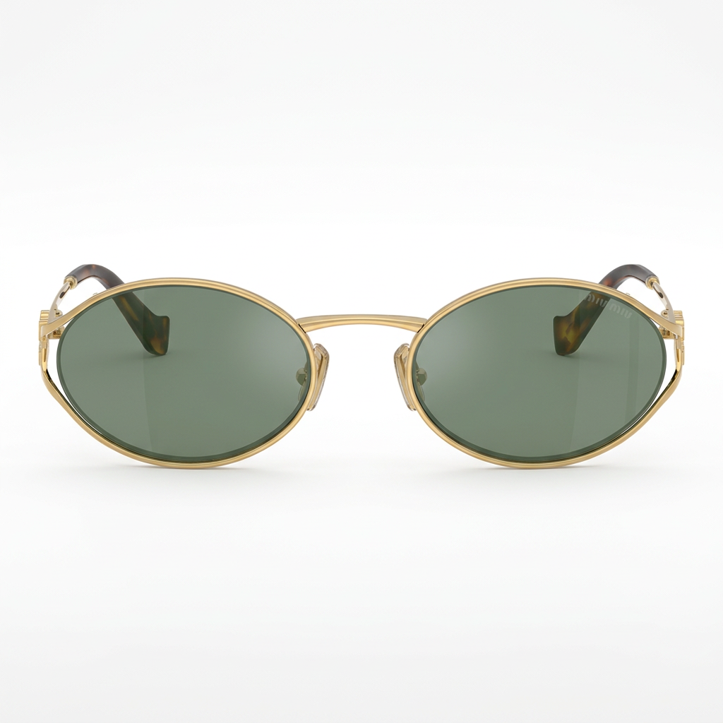 Miu Miu Women Logo Gold Oval Green Mirror Internal Silver Sunglasses