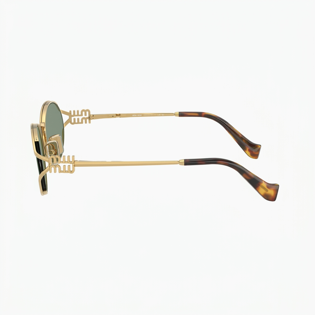 Miu Miu Women Logo Gold Oval Green Mirror Internal Silver Sunglasses