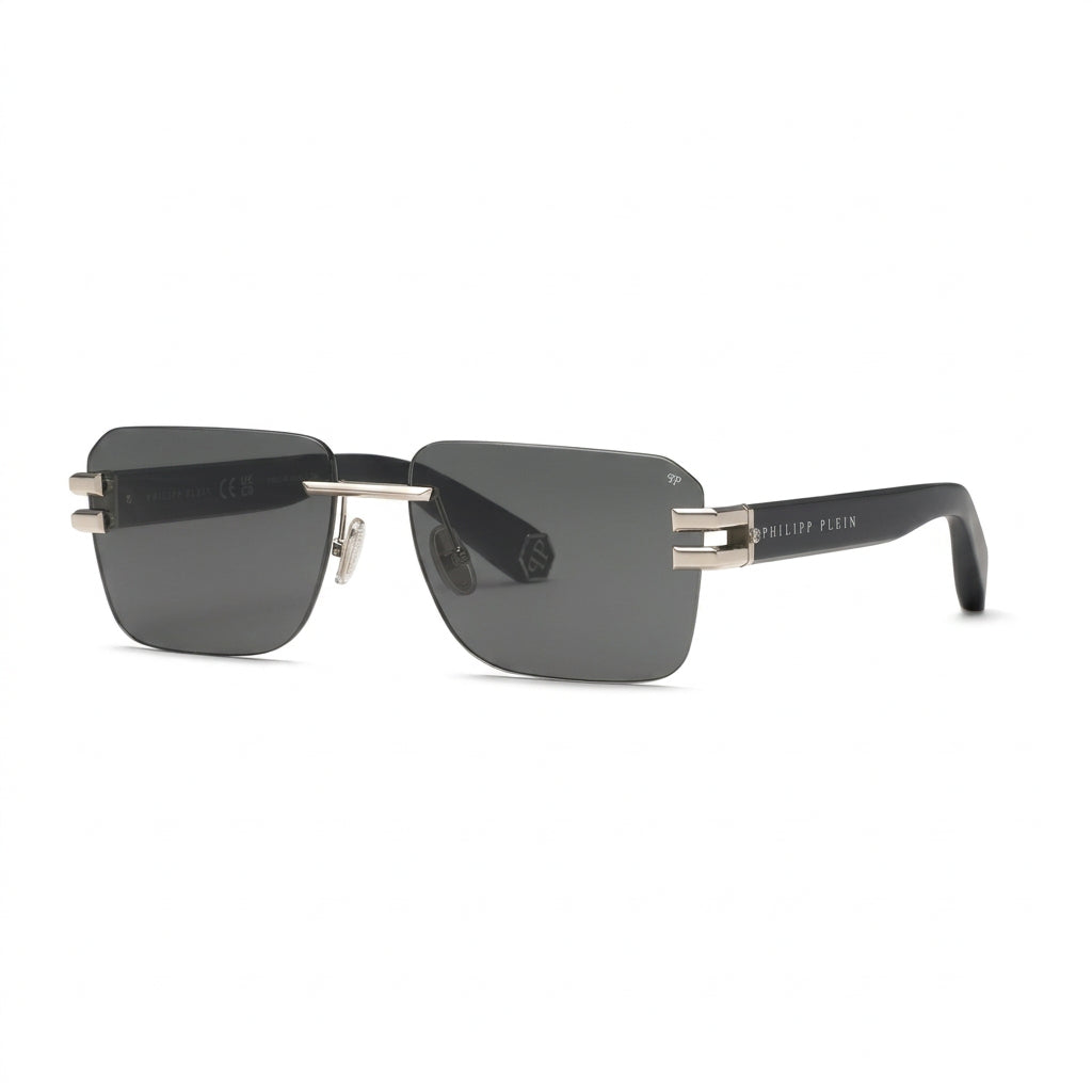 Philipp Plein Men Rimless Square Navigator Silver / Black Smoke Sunglasses