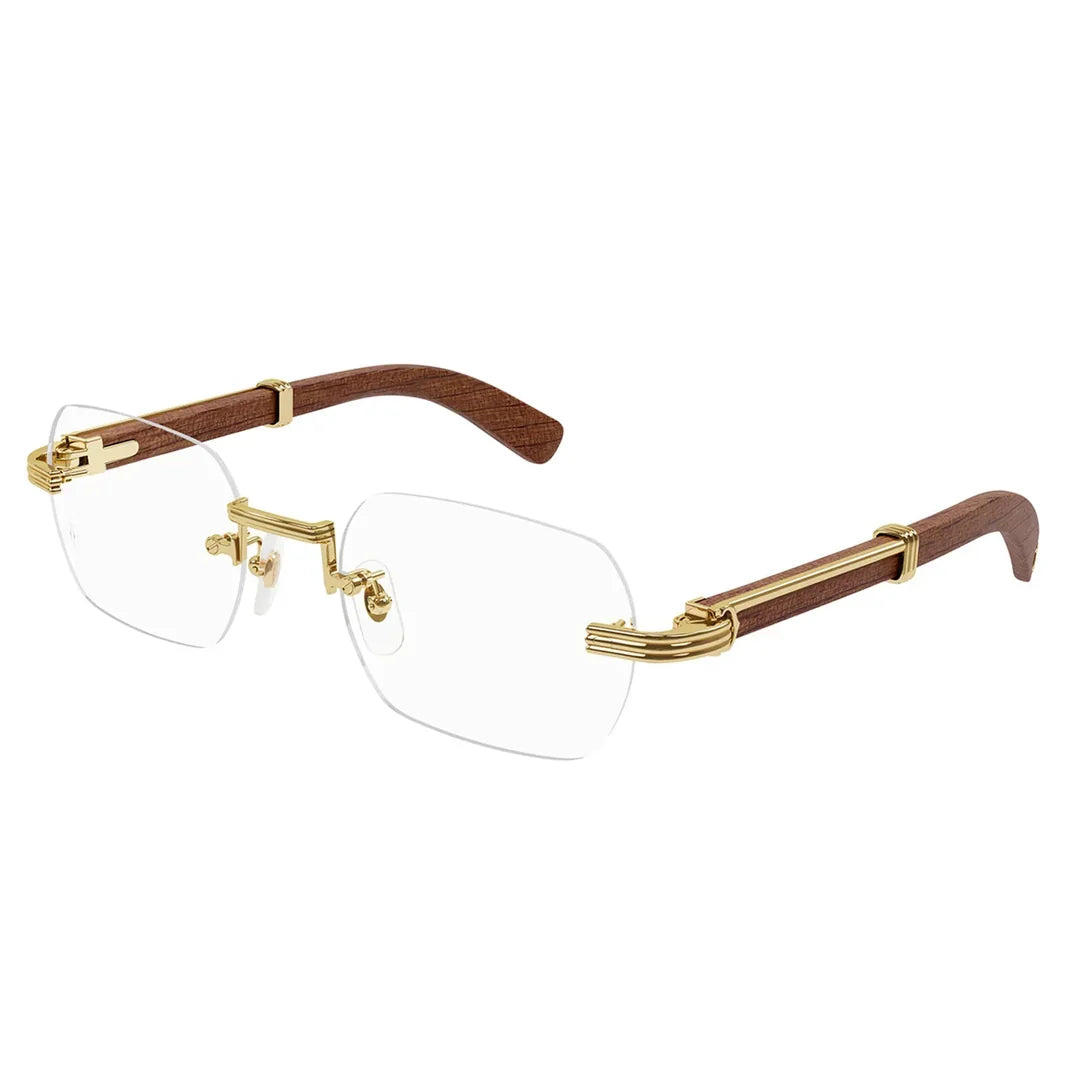 Cartier Première de Men Rimless Rectangular Brown Wood Temples Transparent Glasses
