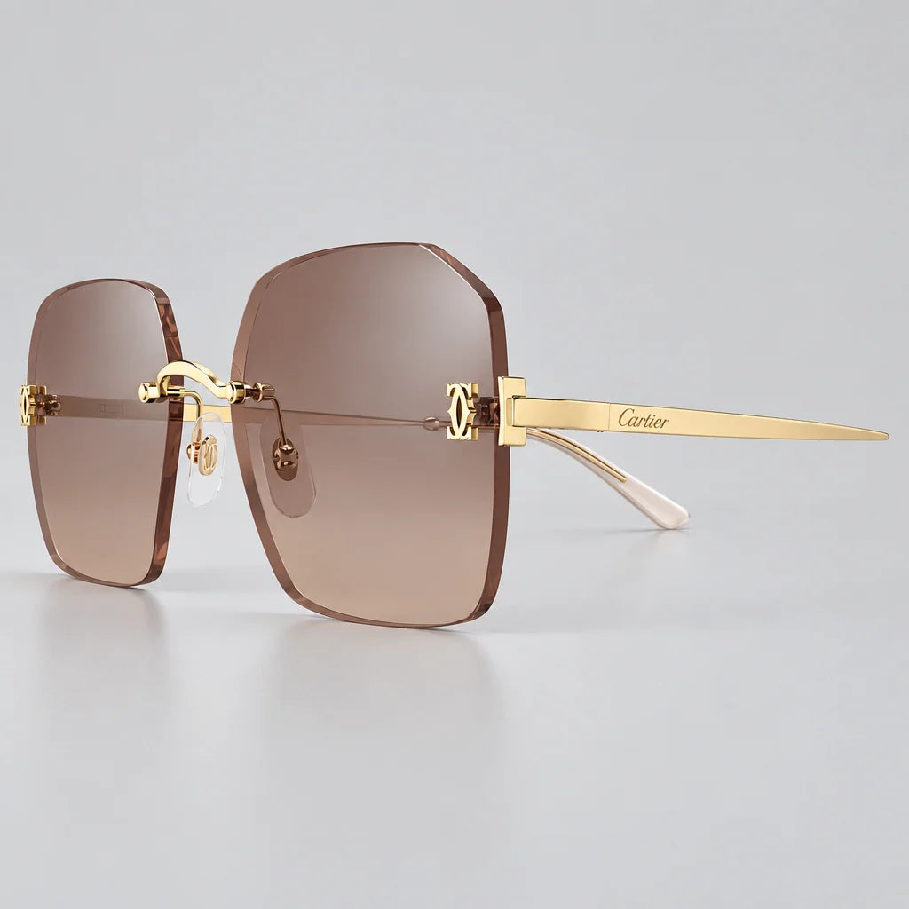 Cartier C De Motif Women Rimless Rectangle Gold Brown Sunglasses