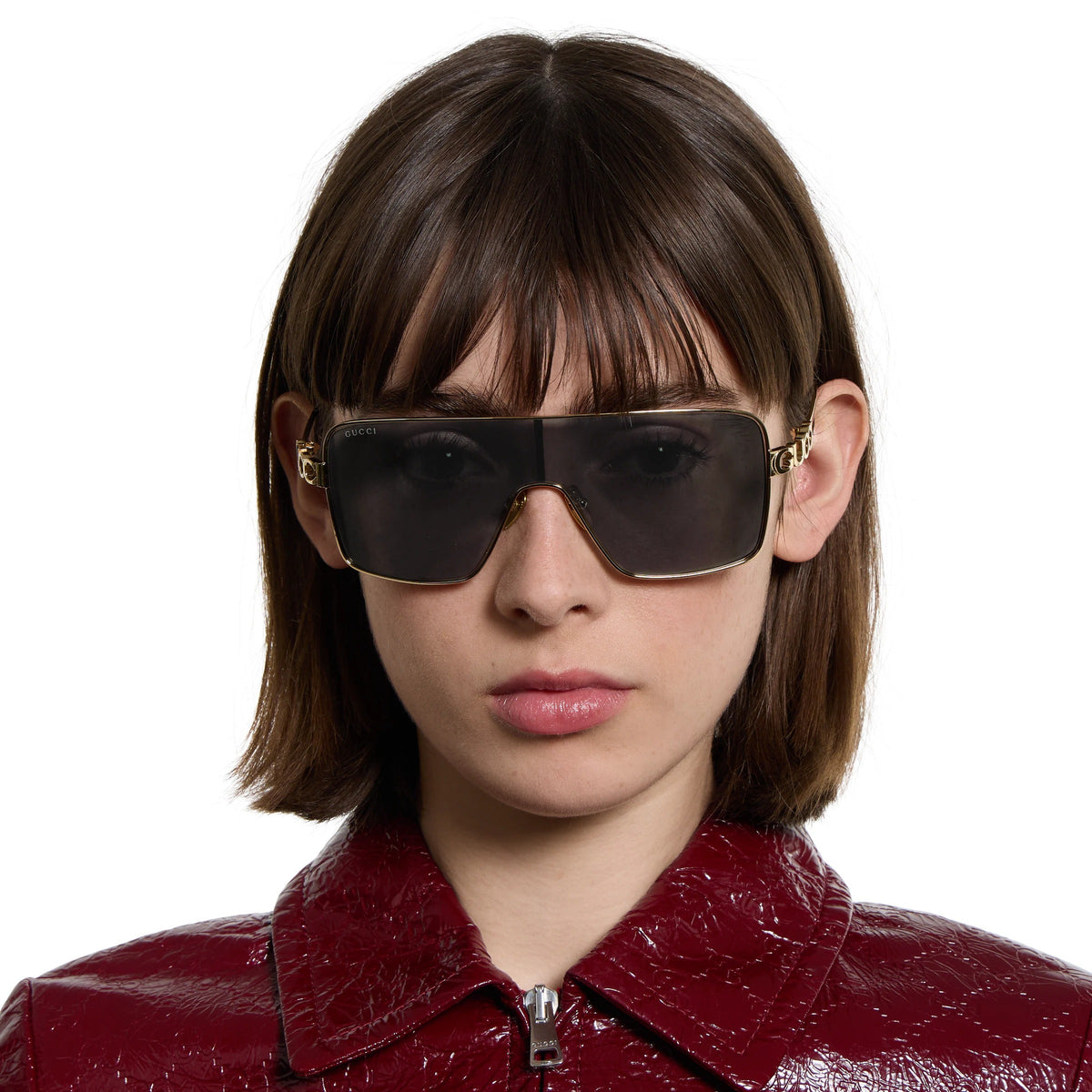 Gucci Women Rectangular Frame Gold Sunglasses