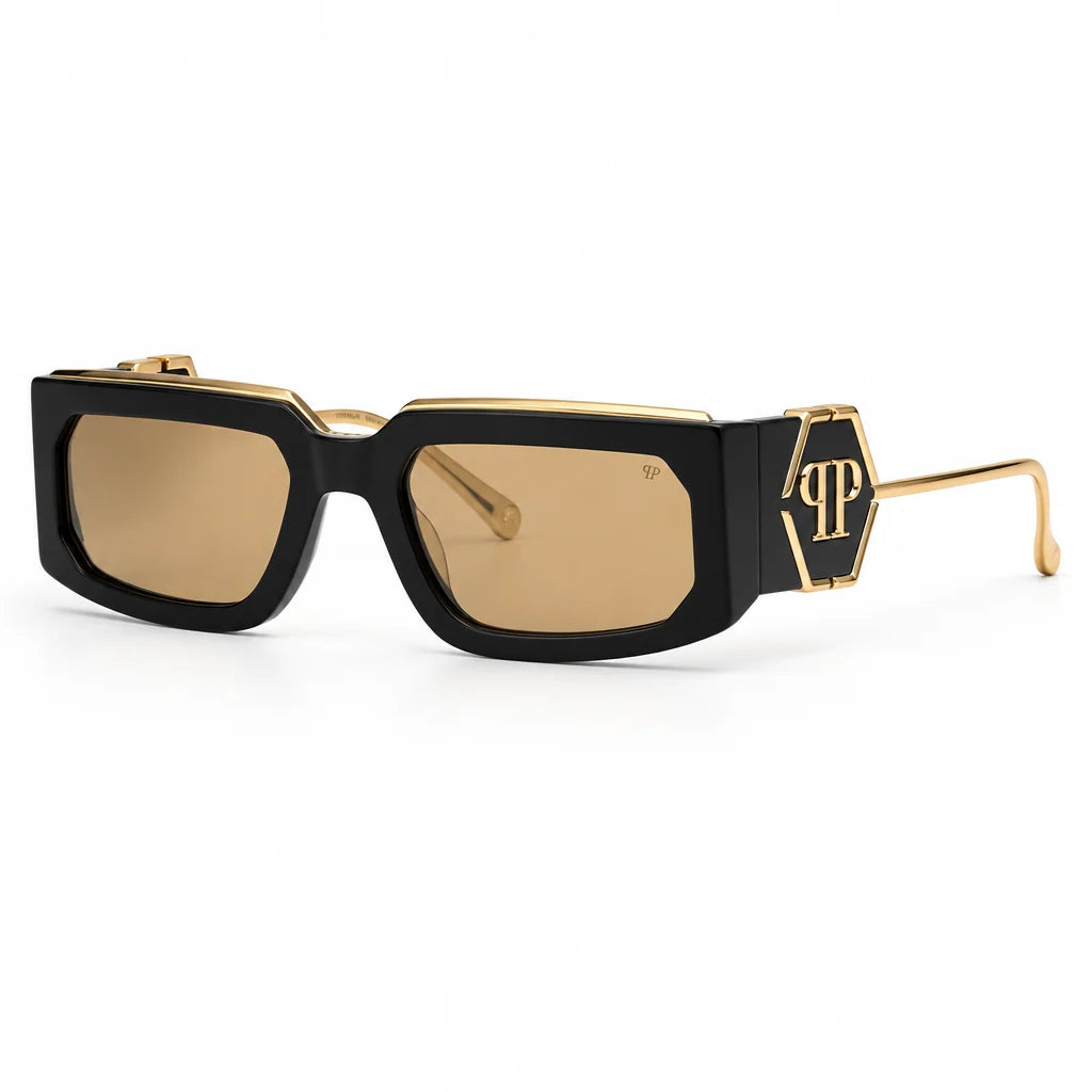 Philipp Plein SPP119M Unisex Shiny Black & Gold with Brown Gradient Square Sunglasses