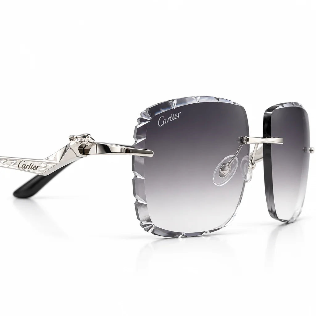 Cartier Panthère de Unisex Rimless Rectangular Grey Gradient Split Diamond Cut Sunglasses