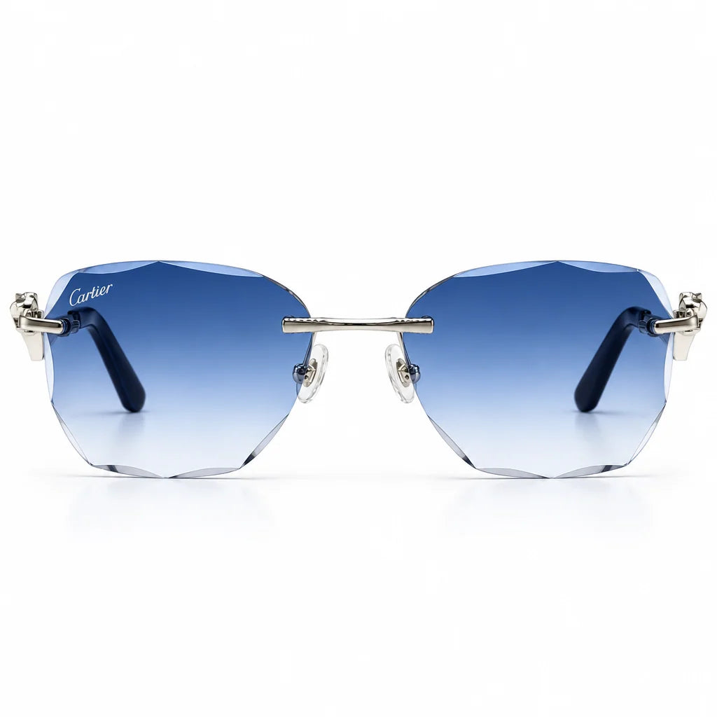 Cartier Panthère de Unisex Rimless Rectangular Blue Gradient Split Diamond Cut Sunglasses